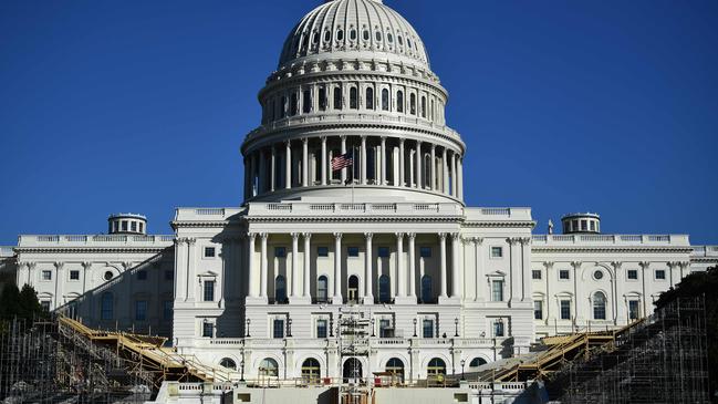 The inaugural platform is under construction in front of the US Capitol. Picture: AFP