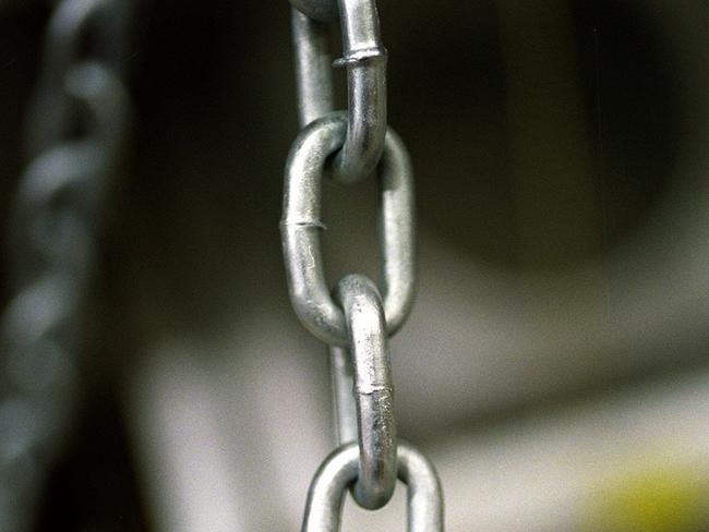 Hardware - heavy galvanised metal quarter inch linked chain costing $8.73 per metre at Bunnings store. price links