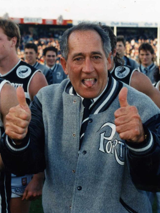 John Cahill celebrates Port Adelaide’s 1994 premiership win.