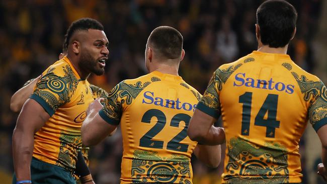 Samu Kerevi celebrates a try against England.