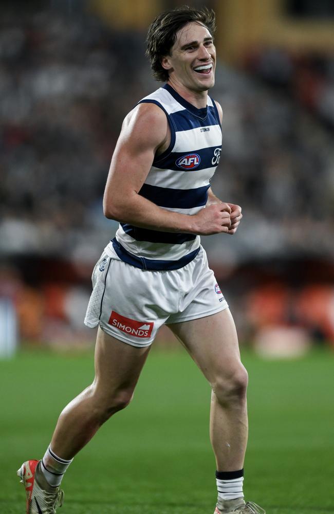 Gryan Miers of the Cats celebrates a goal during the AFL second qualifying final match against Port Adelaide at Adelaide Oval. Picture: Mark Brake/Getty Images