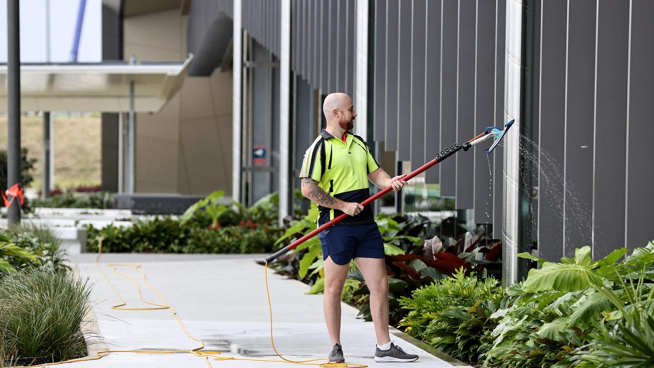 Oliver Graham from R&amp;R Window Cleaning at Brisbane International Cruise Ship Terminal getting everything ready for the return of cruise ships for the first time in more than two years. Picture: Tara Croser.