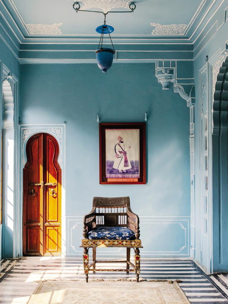 A powdery-blue room at City Palace in Udaipur.