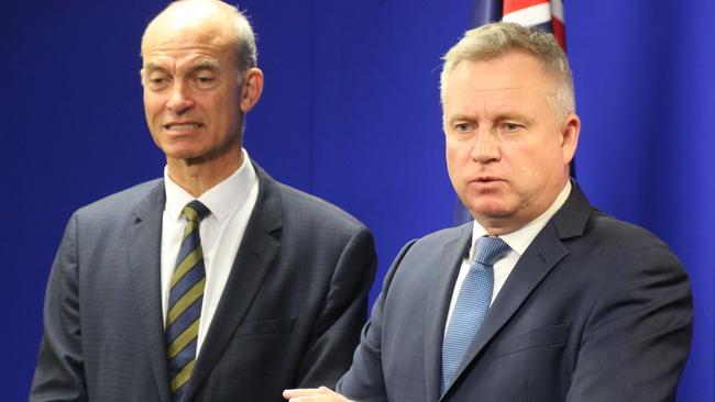 Minister for Energy and Renewables Guy Barnett and Premier Jeremy Rockliff speak to the media at the Executive Building in Hobart on Friday, August 4, 2023.