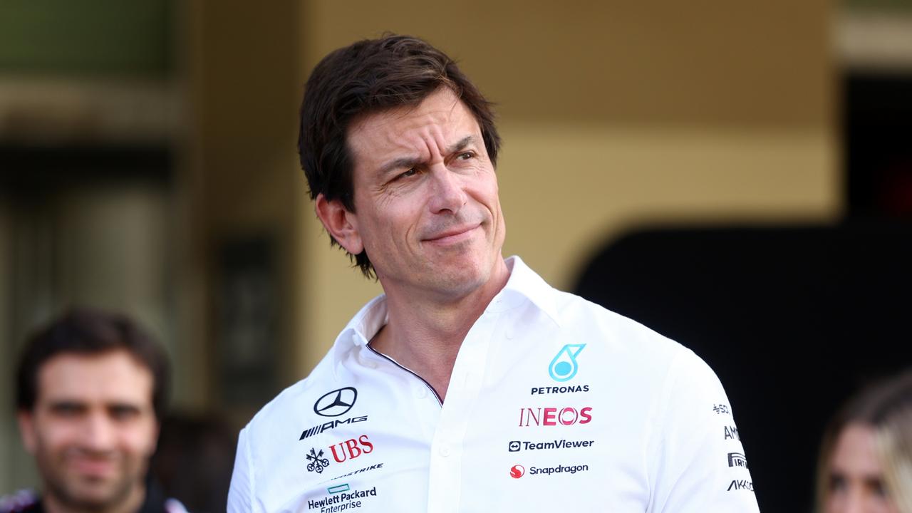 ABU DHABI, UNITED ARAB EMIRATES - NOVEMBER 23: Mercedes GP Executive Director Toto Wolff looks on at the Mercedes GP Team Photo during previews ahead of the F1 Grand Prix of Abu Dhabi at Yas Marina Circuit on November 23, 2023 in Abu Dhabi, United Arab Emirates. (Photo by Clive Rose/Getty Images)