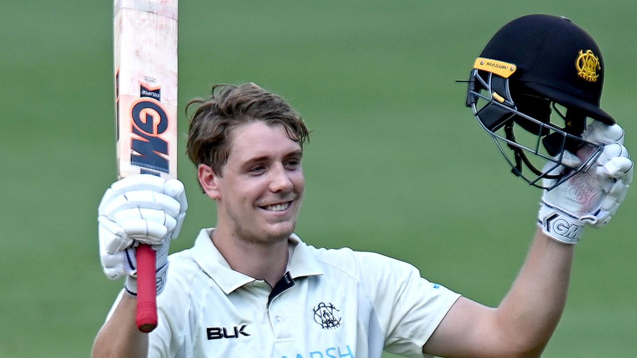 Cameron Green of Western Australia celebrates after scoring a double century. (Photo by Bradley Kanaris/Getty Images)