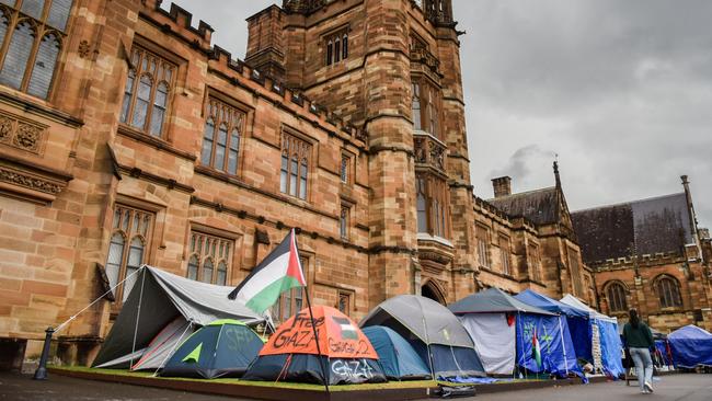 Student activists have put up tents to set up a protest camp site for Palestine at the University of Sydney. Picture: AFP