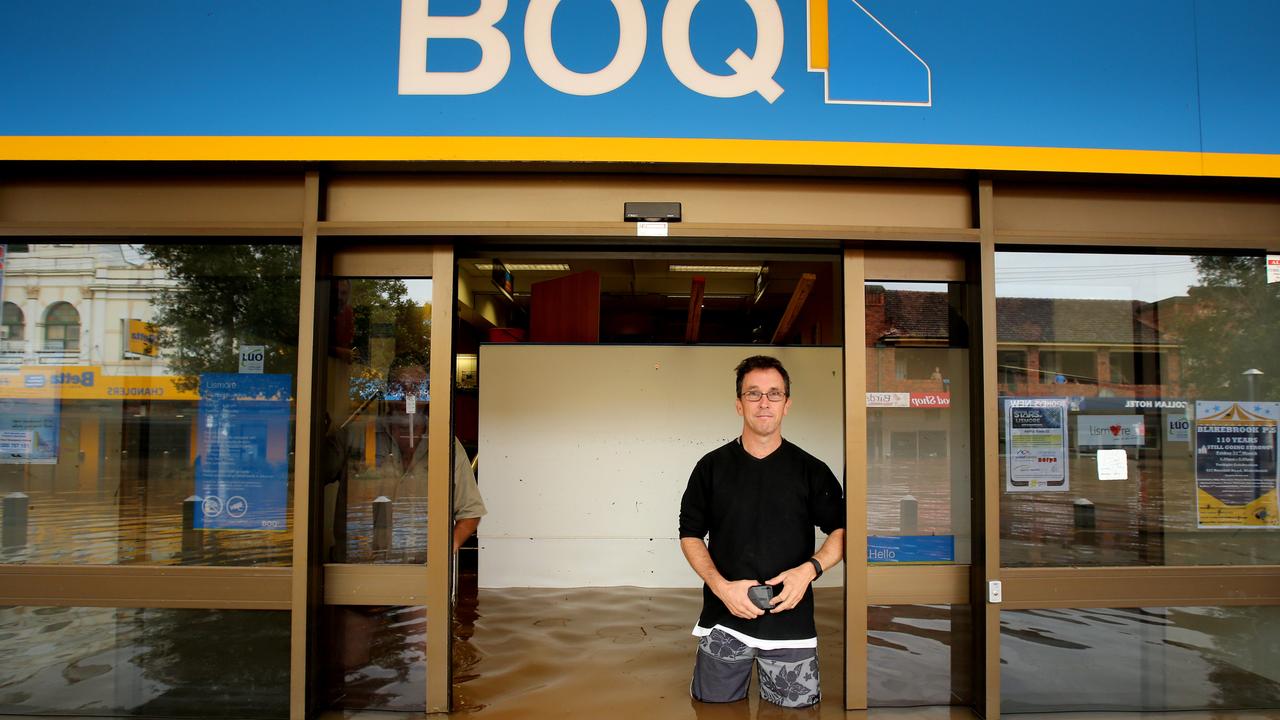 The streets of Lismore including the CBD have been inundated with floodwater after the Wilson River overtopped the flood levee. Woodlark st in the CBD of Lismore. Manager of the BOQ Bank on Woodlark St, Michael Scutt. Picture: Nathan Edwards