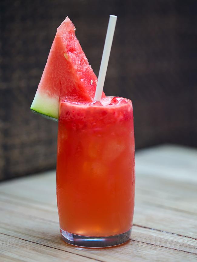 Naxi Folk’s Cameo of Chilli Out juice in tall glass with watermelon. Picture: Sarah Matray