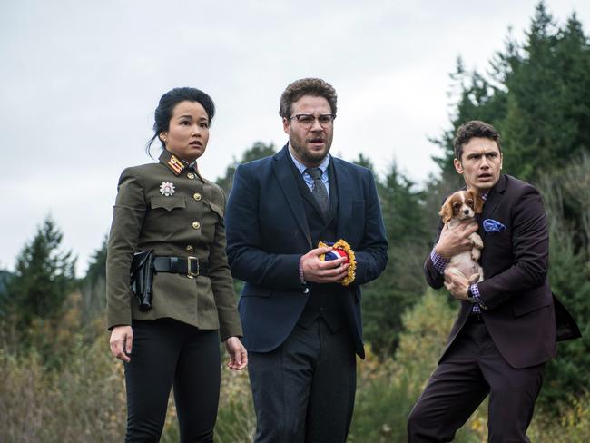 Controversial ... Diana Bang (Sook), Seth Rogen (Aaron) and James Franco (Dave) in a scene from The Interview. Picture: AP Photo/Columbia Pictures — Sony, Ed Araquel