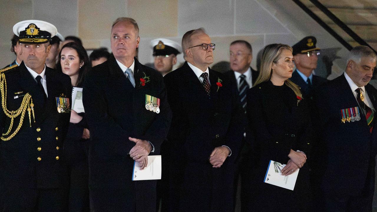 Anthony Albanese, at the War Memorial for the national Dawn Service, has again condemned the actions of neo-Nazis at services. Picture: Jason Edwards / NewsWire