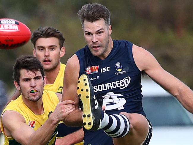 26.5.2018.SANFL: South Adelaide v Eagles at Noarlunga Oval.South's Keegan Brooksby gets a kick away.  PIC:TAIT SCHMAAL.