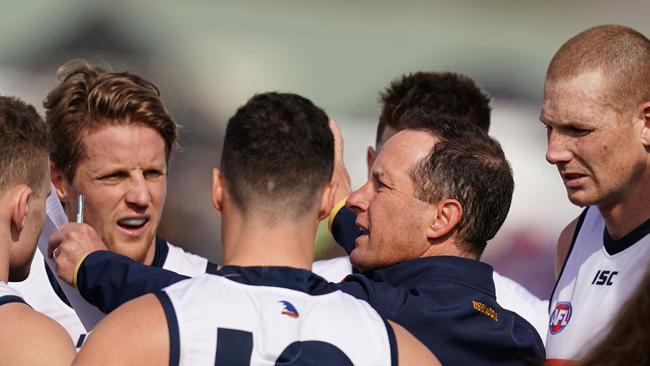 Don Pyke addresses the Crows during the season-ending Round 23 loss to the Western Bulldogs. Picture: AAP Image/Scott Barbour