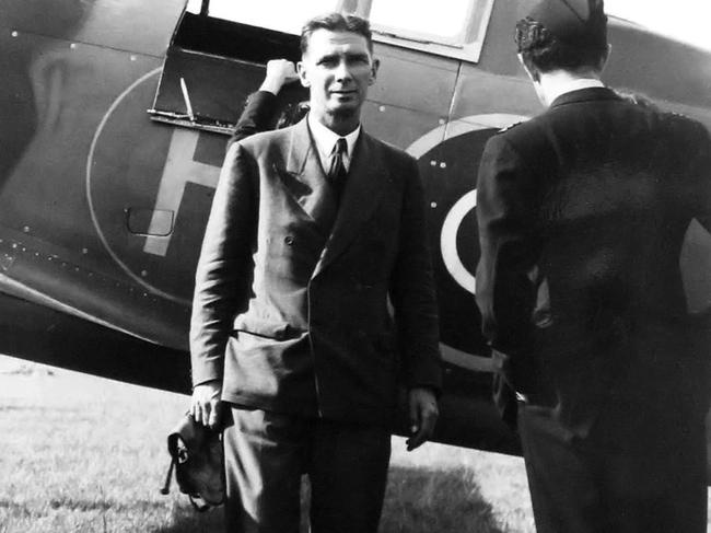 Captain Valentin H. Baker with his Martin-Baker MB3 aircraft prior to a 1942 test flight. Out of copyright