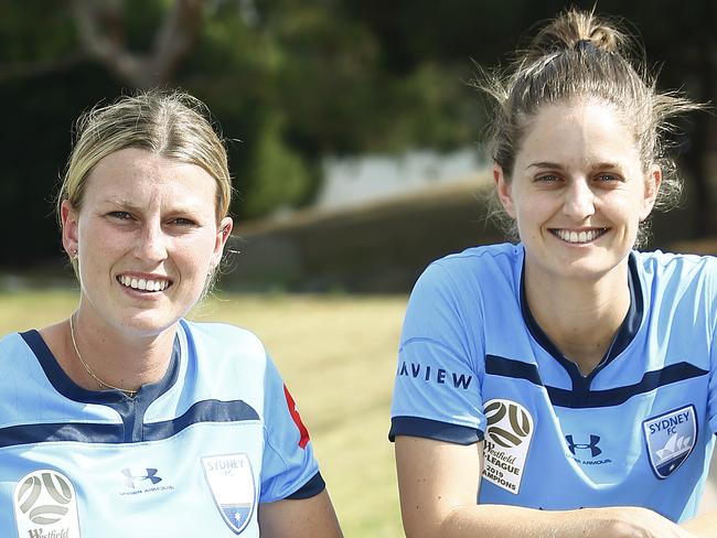 Sydney FC W-League Players L to R:  Ally Green and Ellie Brush. Sydney FC will be donating a portion of the gate from their next home game at Leichhardt Oval towards the Bushfire and Drought relief. Picture: John Appleyard