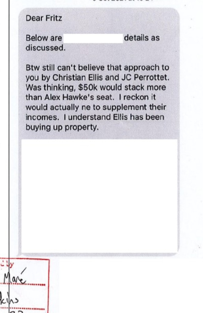 A text sent to Sydney businessman, Frits Mare. Picture: NSW Parliament.