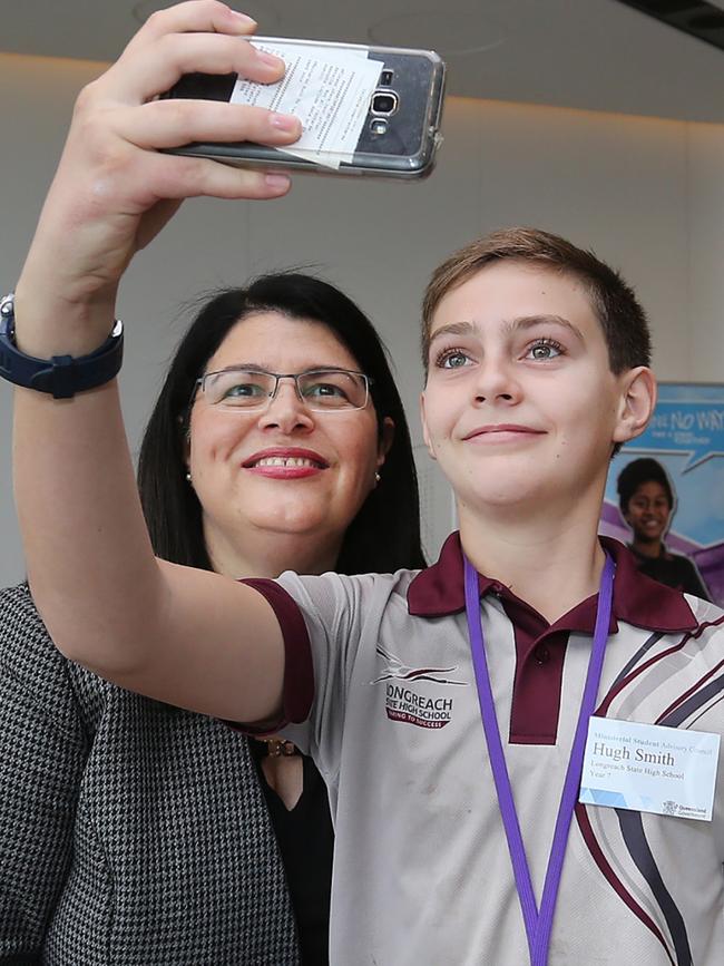 Queensland Education Minister Grace Grace with student and advisory council member Hugh Smith.