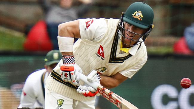 David Warner cops a tricky delivery during the first morning. Picture: AP
