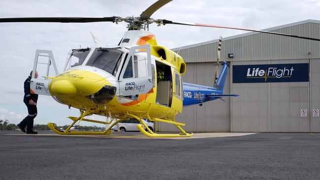 The RACQ LifeFlight rescue helicopter prepares for take-off at Bundaberg Airport.