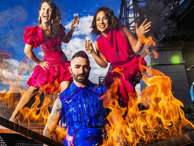 Brisbane Festival artistic director Louise Bezzina (right) with Neridah Waters from Common People Dance project and Kryptonite pictured on Fiume Rooftop Bar at Howard Street Wharves – a primo viewing location for this year's Riverfire. Picture: Nigel Hallett