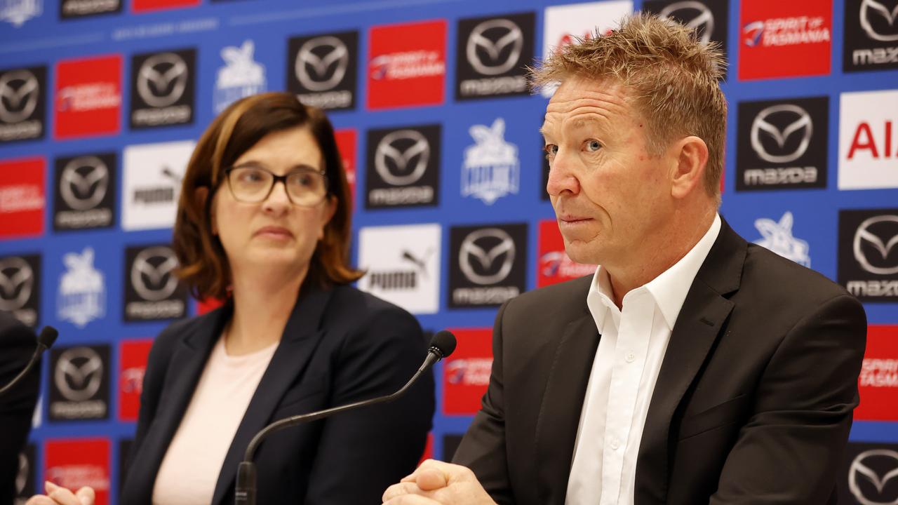 Sonja Hood sits alongside David Noble at his last North Melbourne press conference. Picture: Alex Coppel.