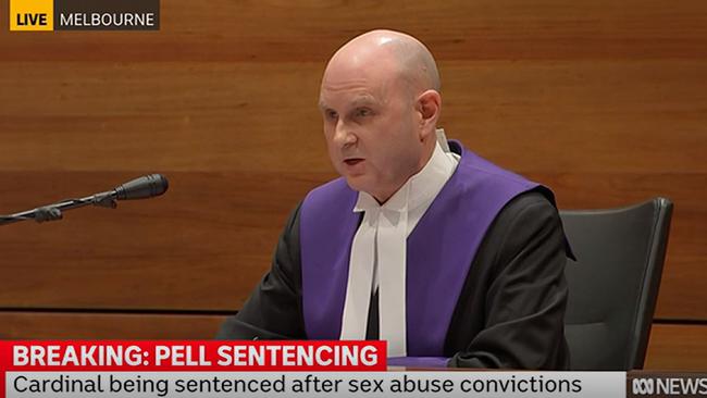 Chief Judge Peter Kidd sentences George Pell sentence at the Victorian County Cour. Picture: ABC