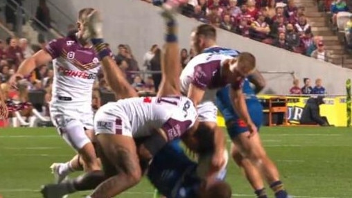 Sickening lifting tackle on Shaun Lane. Picture: Fox League