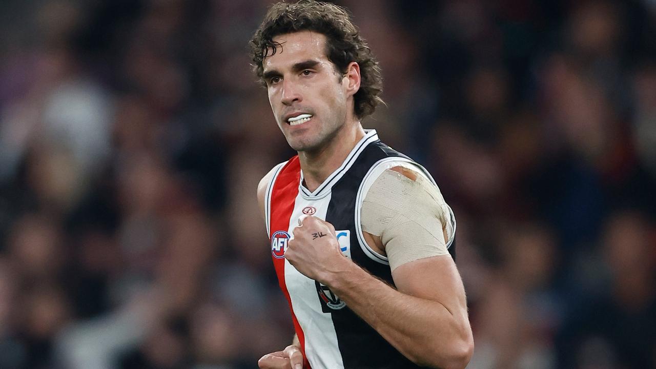 MELBOURNE, AUSTRALIA - MAY 04: Max King of the Saints celebrates a goal during the 2024 AFL Round 08 match between the St Kilda Saints and the North Melbourne Kangaroos at Marvel Stadium on May 04, 2024 in Melbourne, Australia. (Photo by Michael Willson/AFL Photos via Getty Images)