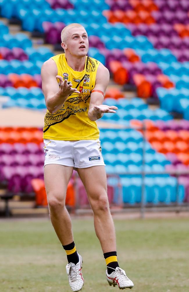 Cooper Dahms had a standout performance for the Nightcliff Tigers against PINT in Round 16 of the 2023-24 NTFL season. Picture: Celina Whan / AFLNT Media