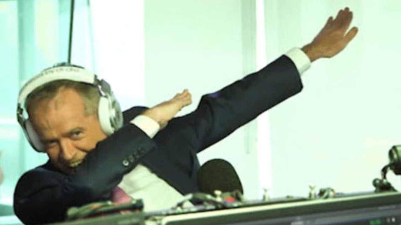 Bill Shorten hits a "dab", a popular dance move that emerged from the Atlanta hip-hop scene and became a worldwide viral phenomenon in the mid-2010s.