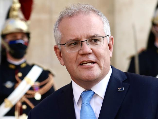 Australian Prime Minister Scott Morrison holds a Joint Media Conference with HE Mr Emmanuel Macron, President of the French Republic and then is a guest at a working dinner at the Presidential Palace in France on Tuesday, June 15, 2021. Picture: Adam Taylor/PMO