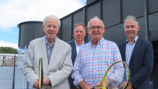 Launceston tennis legend Don Wing with life members Andrew Youl (back) and Philip Bowden (front) and Tennis Tasmania general manager Darren Sturgess at the opening of Launceston Tennis' new clubhouse on Wednesday. Picture: Jon Tuxworth