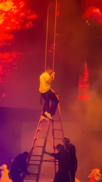 Chris Brown gets stuck during concert – is brought a ladder to help