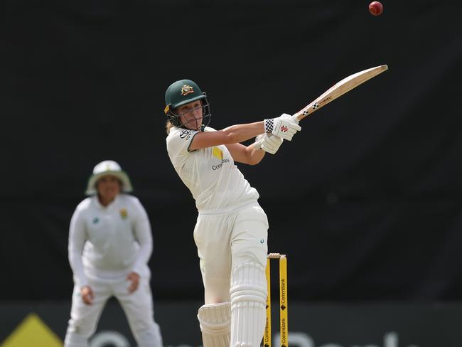 Annabel Sutherland launches on her way to a double ton. Picture: Paul Kane/Getty Images