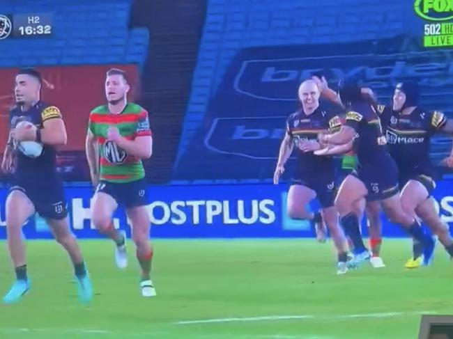 Brian To'o pats Dylan Edwards on the head as Jarome Luai looks for a high five while Taylan May strides away to score against Souths. Pic: Fox League