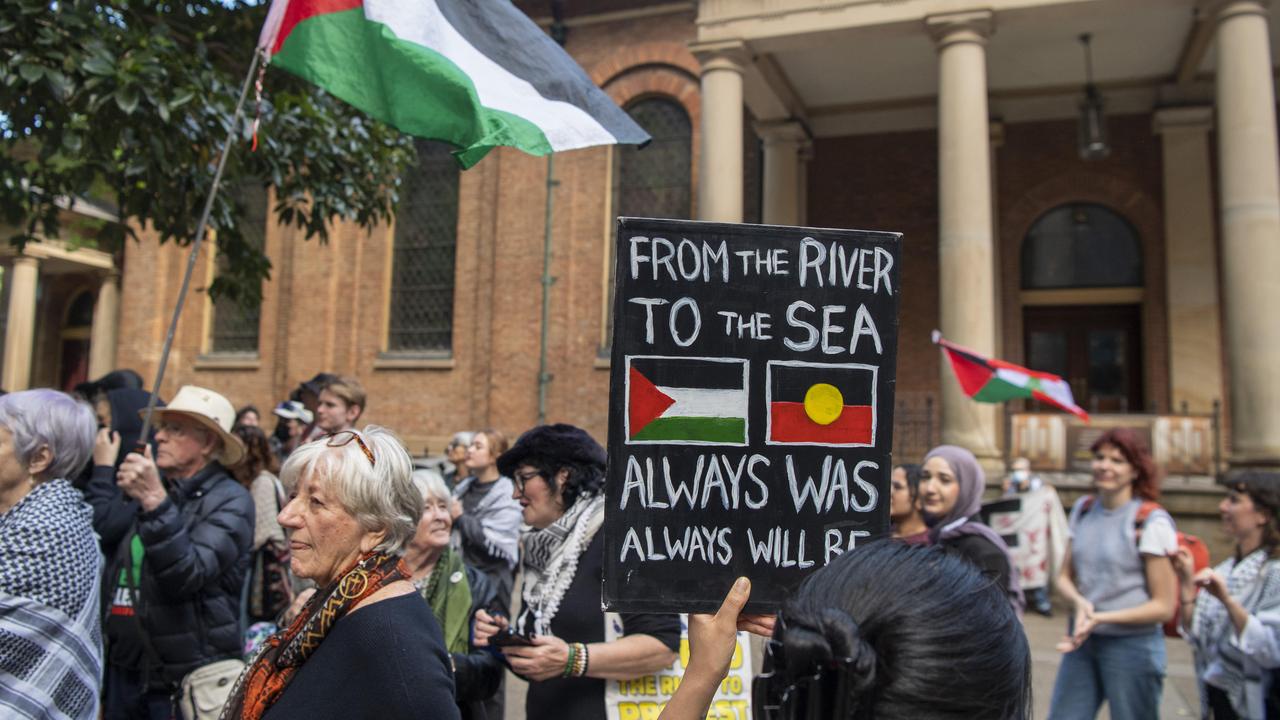 Protesters rallied outside the Supreme Court where a hearing was underway to stop pro-Palestine rallies in Sydney on Monday October 7. Picture: NewsWire / Simon Bullard