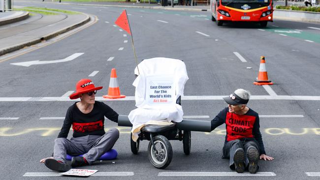 Extinction Rebellion protesters on King William St in Victoria Square on Wednesday. Picture: NCA NewsWire/Brenton Edwards