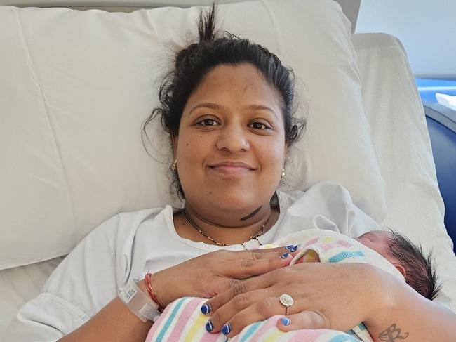 Roshni Lad with her newborn son at St Vincent’s Hospital. The mum was forced to give birth on the side of the Ring Rd after she got caught up in traffic amid Extinction Rebellion protests.