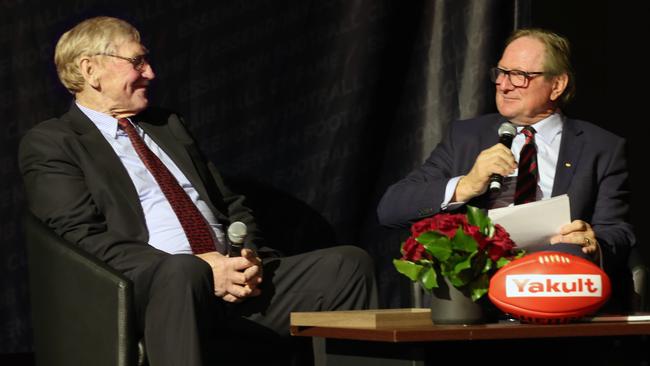 Ian Shelton (left) is inducted into the Essendon Hall of Fame and interviewed by Kevin Sheedy during the 2019 Crichton Medal ceremony at the Melbourne Convention Centre.