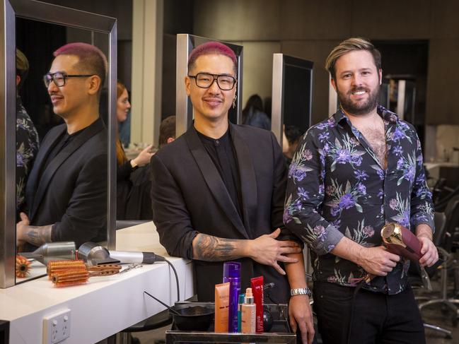 Oscar Oscar’s Jacky Chan, left, and Nathan Armagnacq have reopened their award-winning Chadstone salon after lockdown. Picture: Wayne Taylor