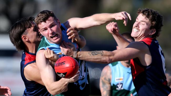 BFNL - Portarlington v Geelong Amateurs.  Geelong Amateurs Harry Kershaw caught by Portarlington's Stephen Walton.   Picture Mike Dugdale