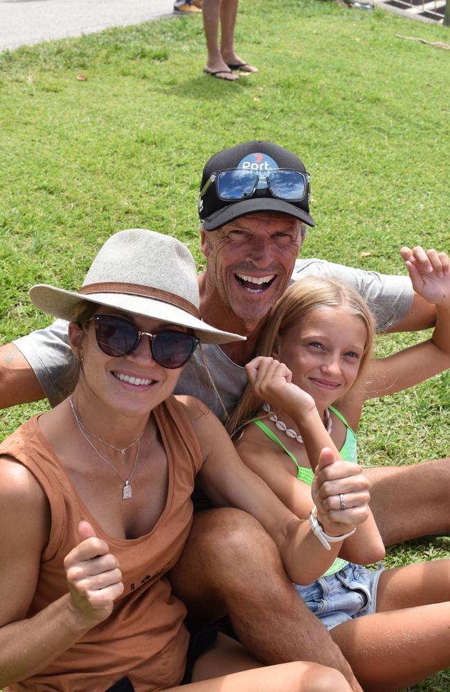 Warren, Ivy (in green) and Kristy Artz at day two of the Senior and Masters division of the 2023 Queensland Surf Life Saving Championships at Mooloolaba. Photo: Elizabeth Neil