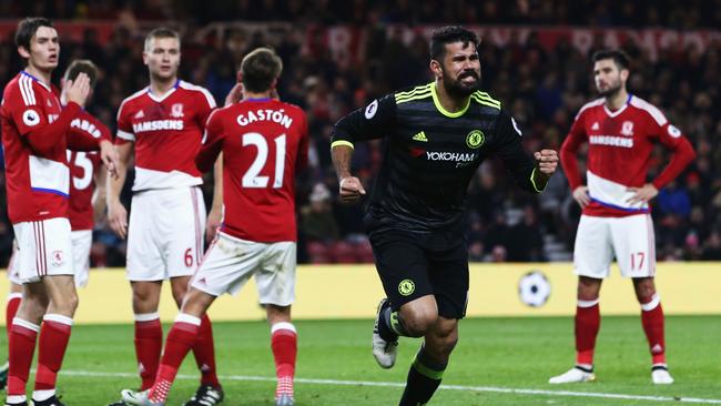 Diego Costa of Chelsea celebrates scoring.