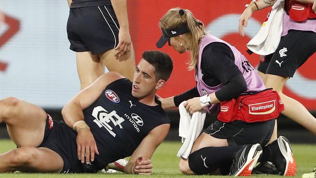 Jacob Weitering returned to the field after a heavy clash. Picture: Dylan Burns/AFL Photos via Getty Images