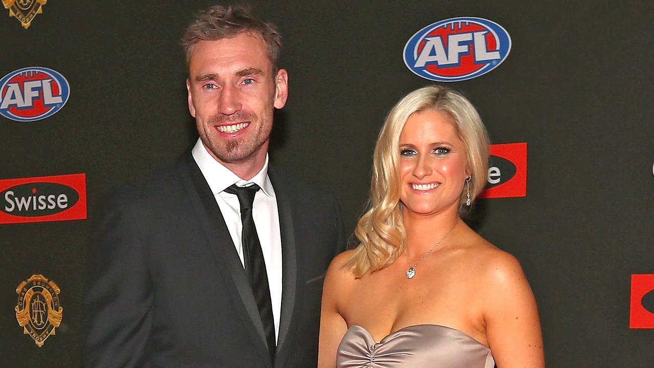 Former AFL footballer Shane Tuck with wife Katherine Tuck at the 2012 Brownlow Medal. Picture: Getty Images