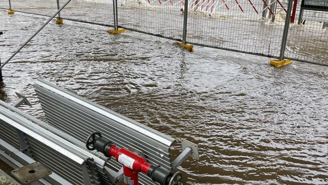 Charles Street Wharf at Parramatta is flooded and ferries are suspended. Picture: Joanne Vella