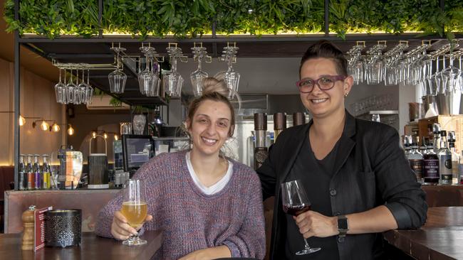 It’s been a gruelling 11-week wait but sisters Monique and Tanya Hanouch can’t wait to open up their wine bar Wolfe &amp; Molone on June 3. Picture: Andy Brownbill