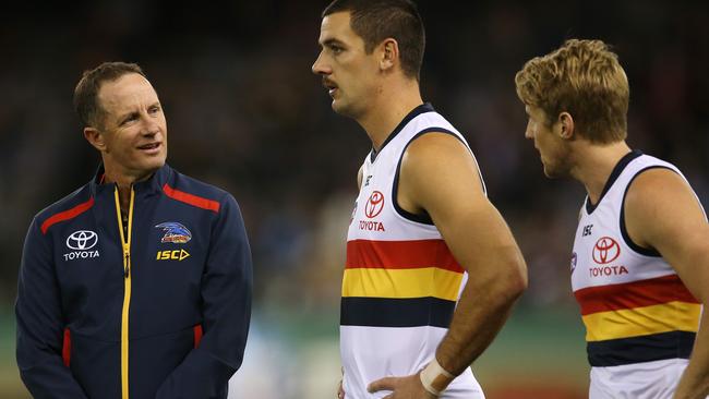 Adelaide Crows coach Don Pyke talks with co-captains Taylor Walker and Rory Sloane. Pic: Michael Klein