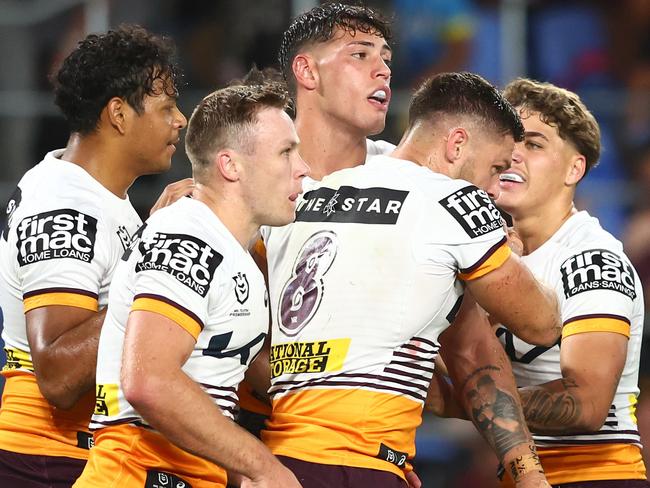 GOLD COAST, AUSTRALIA - APRIL 15: Jordan Riki of the Broncos celebrates a try during the round seven NRL match between Gold Coast Titans and Brisbane Broncos at Cbus Super Stadium on April 15, 2023 in Gold Coast, Australia. (Photo by Chris Hyde/Getty Images)