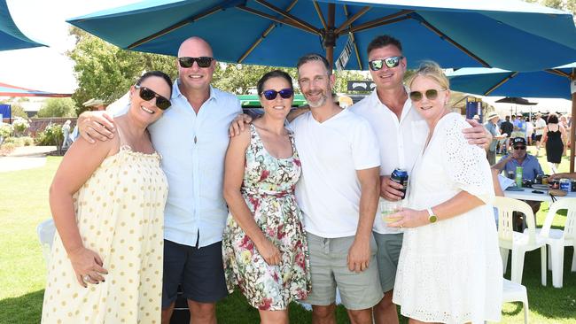 Mel Broadley, Grant Broadley, Lee Moon, Tim Moon, Klaus Meinecke and Robyn Meinecke at Moama Bowling Club Echuca Cup. Picture: David Smith